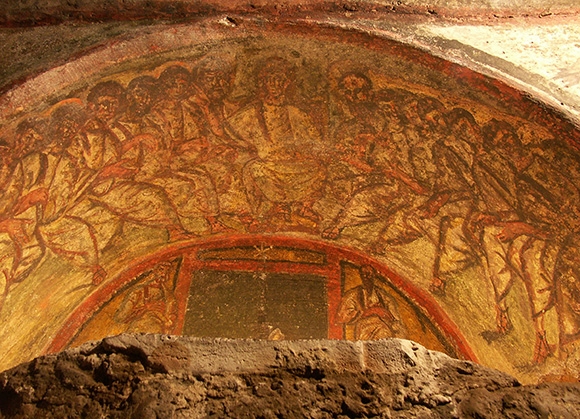 Jesus and his twelve apostles, fresco with the Chi-Rho symbol ☧, Catacombs of Domitilla, Rome..jpg